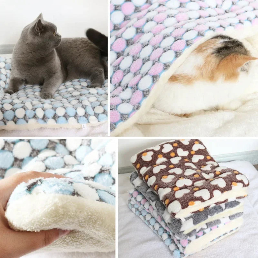 Collage of cat blankets with different patterns and textures