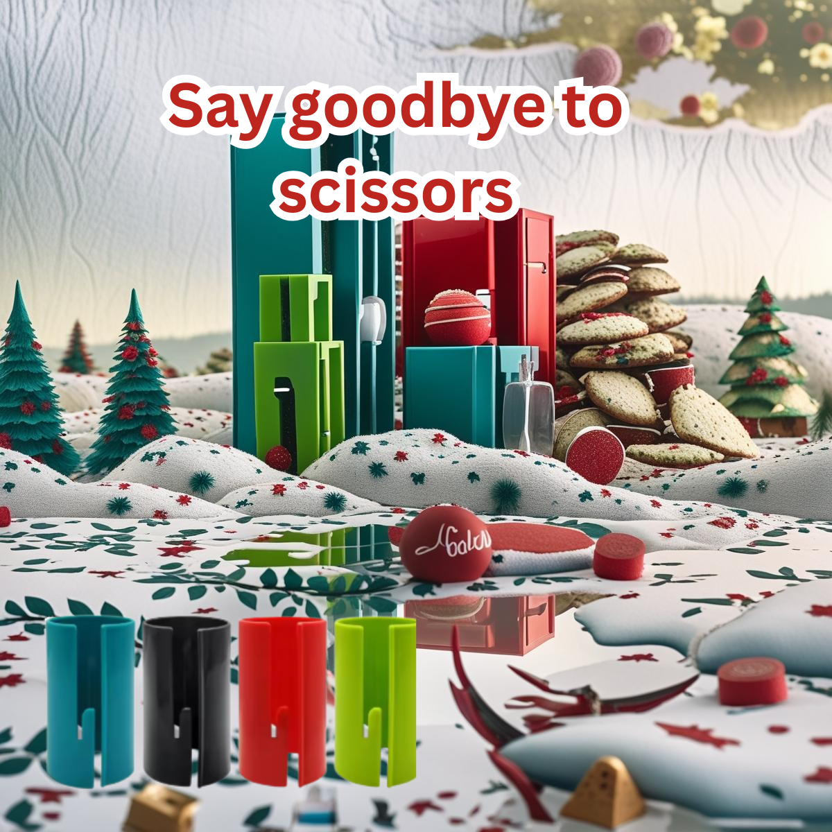 Colorful gift boxes and a Wrapping Paper Cutter on a snowy landscape with Christmas trees.