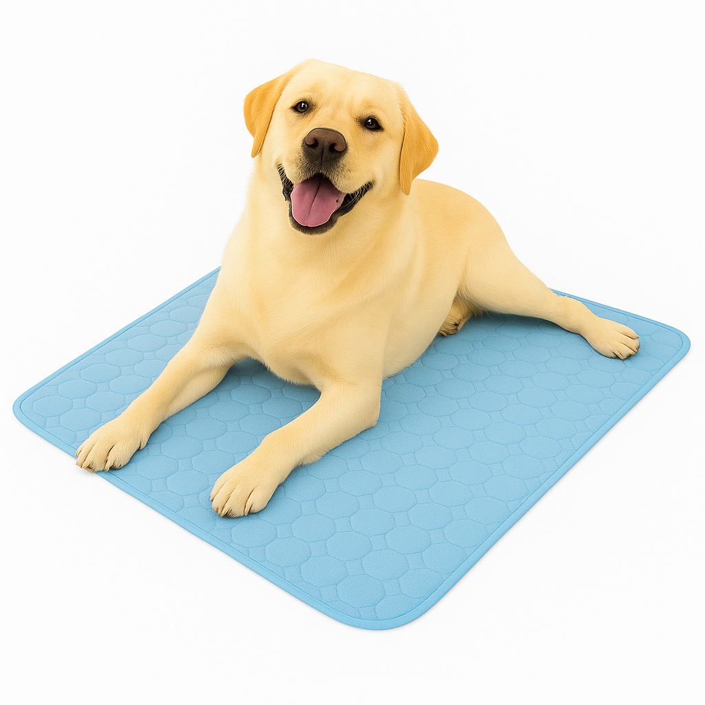 Dog lying on a blue cooling mat with a white background