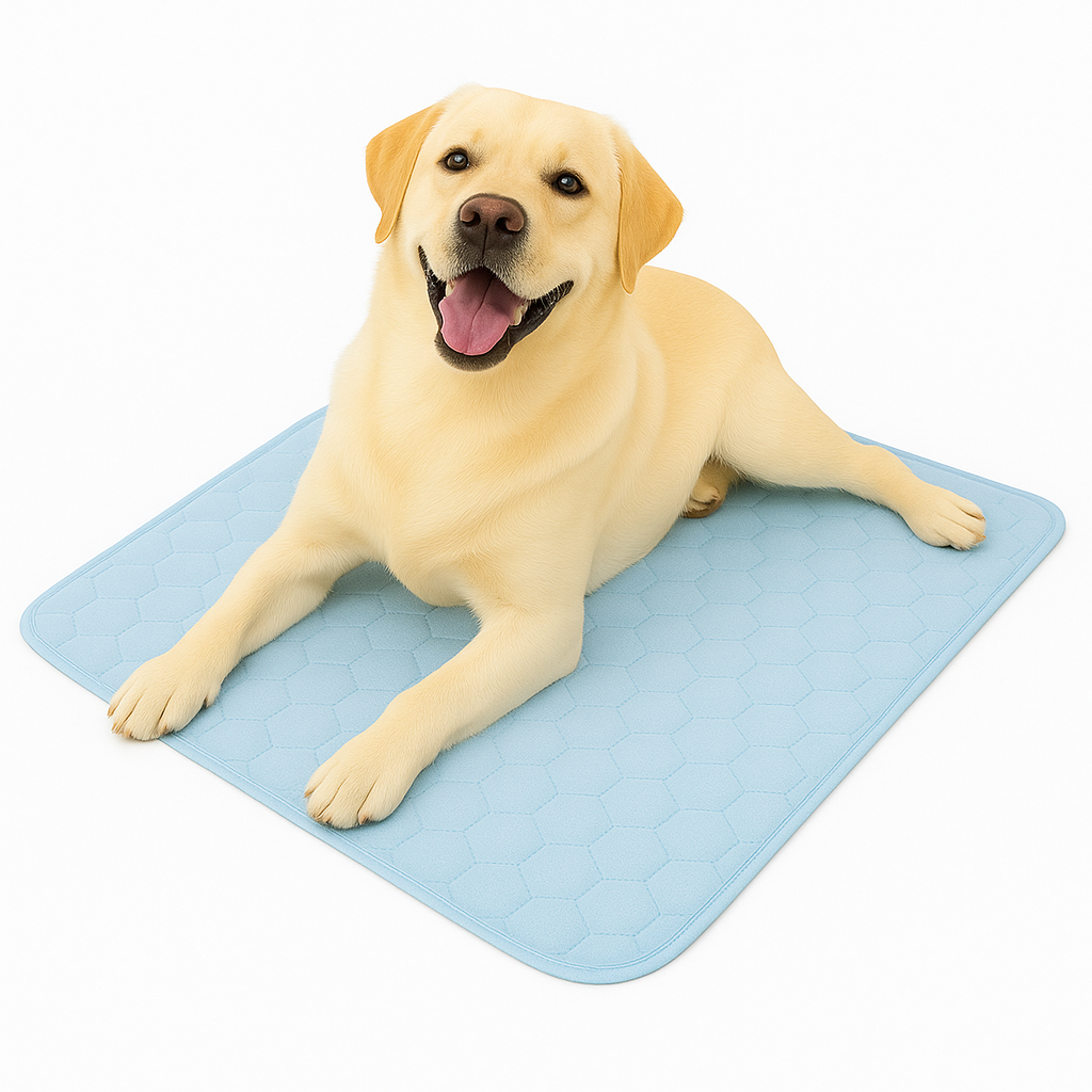 Dog lying on a blue cooling pad with a white background