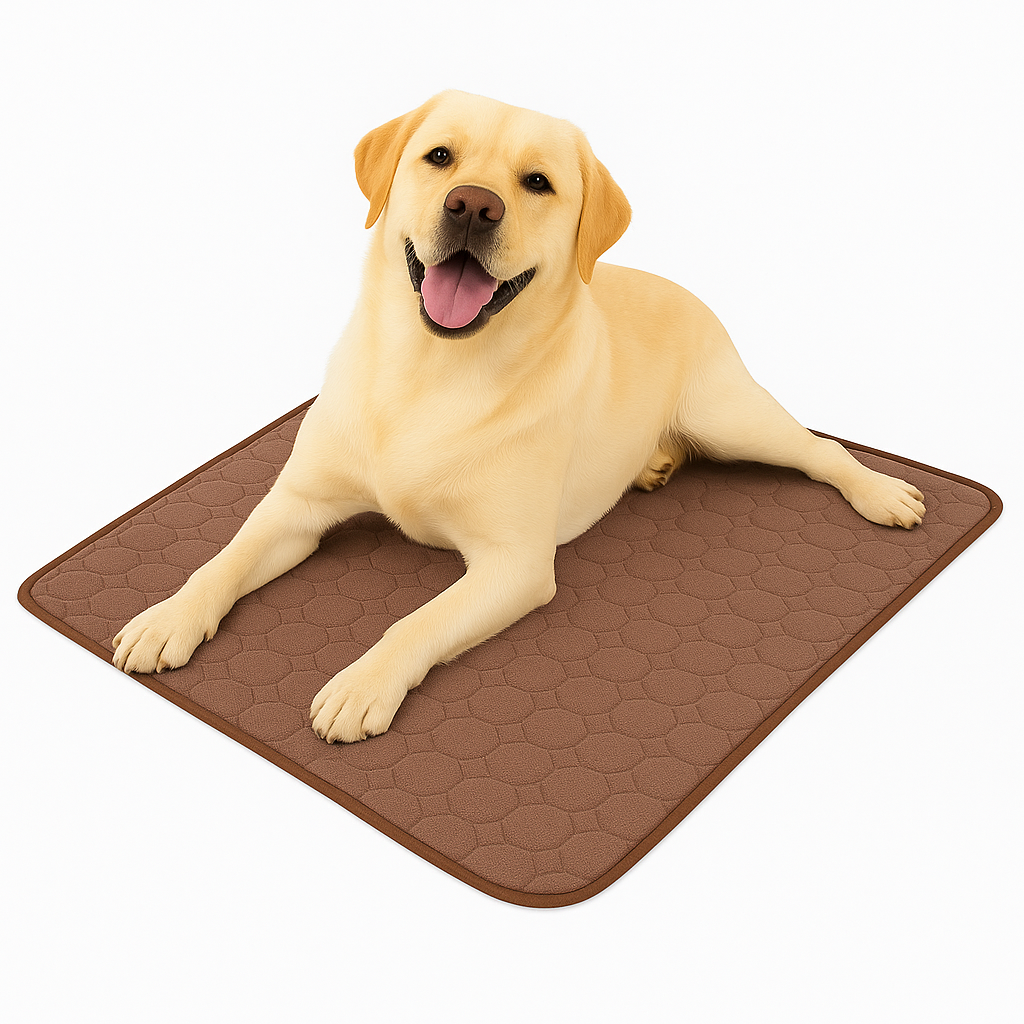 Dog lying on a brown mat with a white background