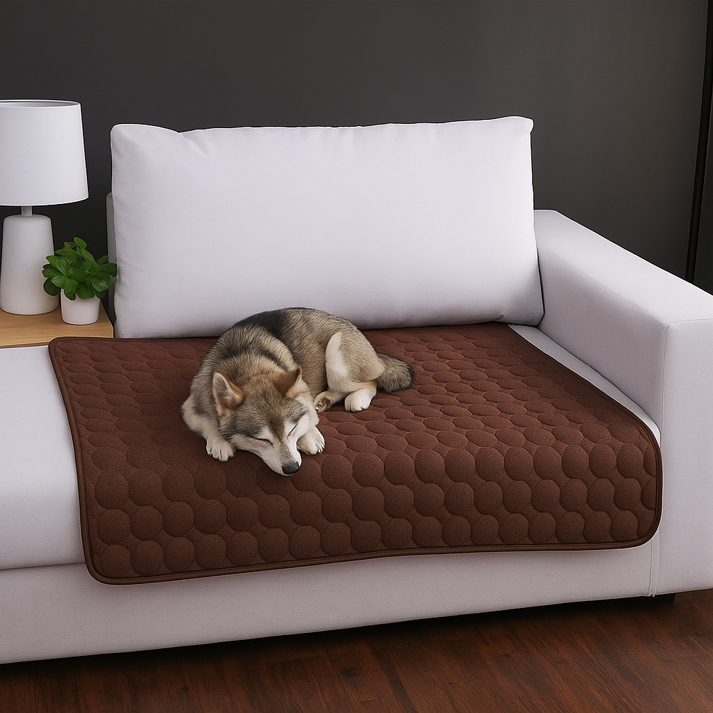 Dog lying on a brown pet mat on a white couch with a dark wall background