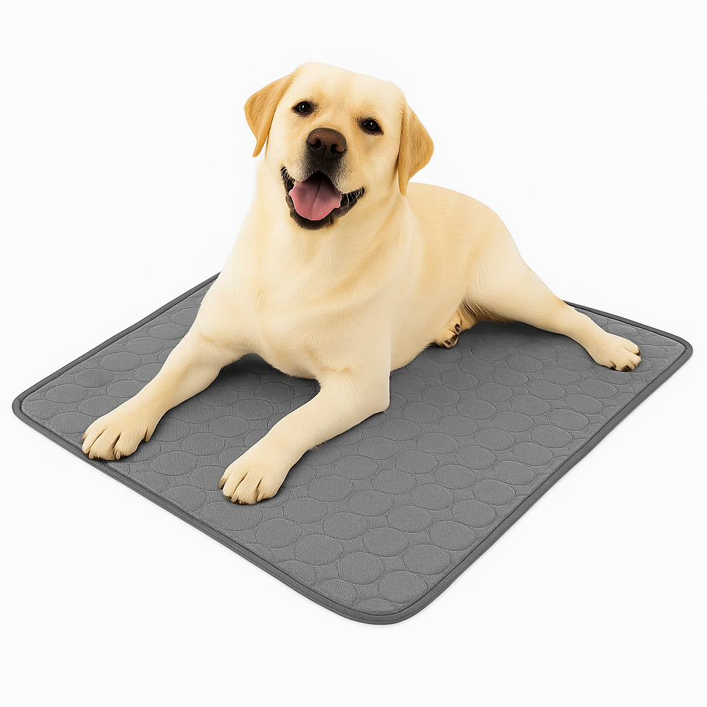 Dog lying on a gray mat with a white background