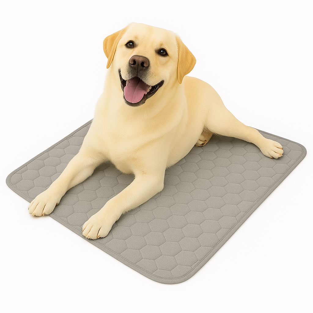 Dog lying on a hexagonal patterned mat with a white background