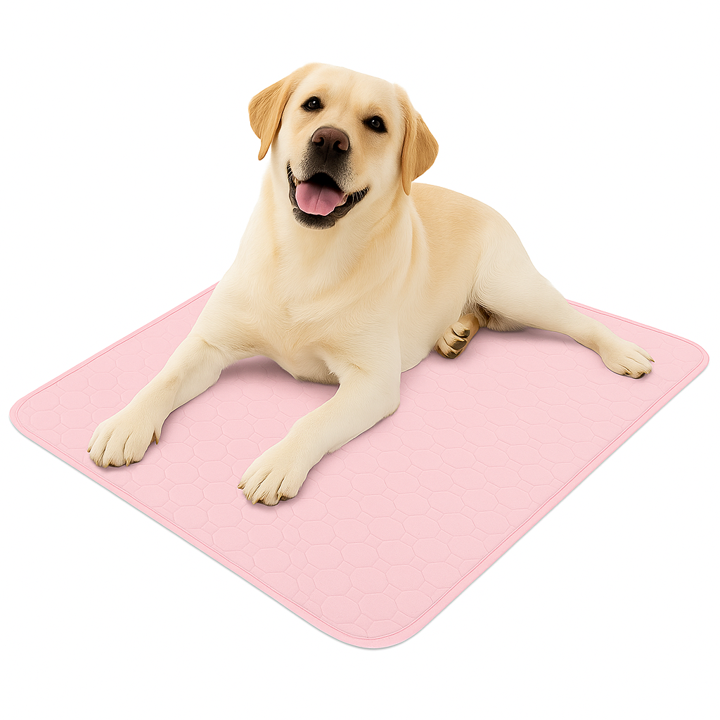 Dog lying on a pink mat with a white background