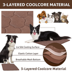 Dog mat with 3-layer coolcore material, featuring dogs and cats, and text detailing the material layers.