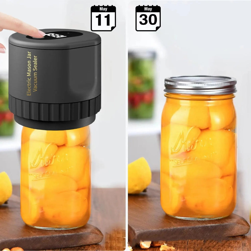 Electric Mason Jar Vacuum Sealer being used on a jar of peaches with dates May 11 and May 30 displayed.