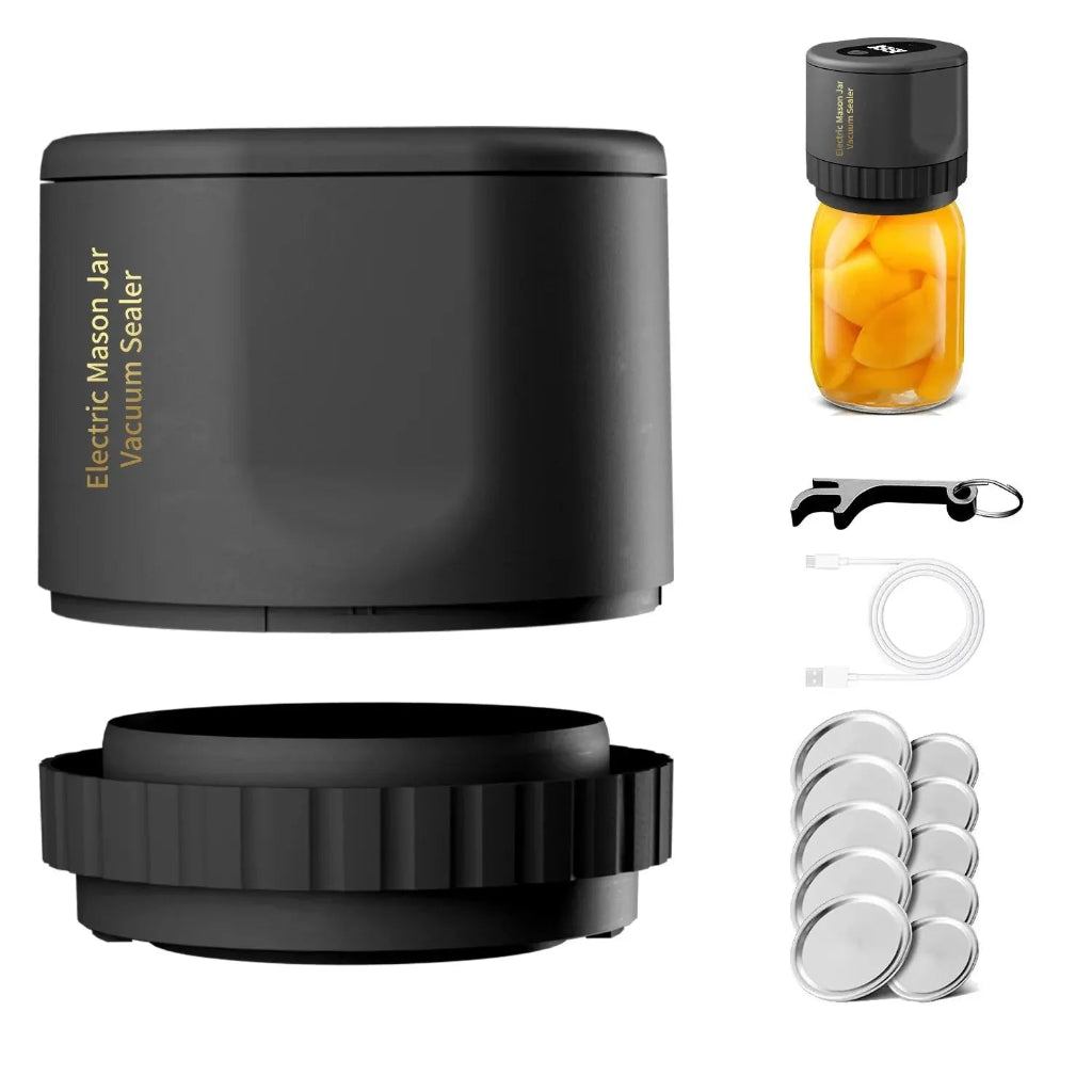 Electric Mason Jar Vacuum Sealer set with jar, plunger, and seals on a white background