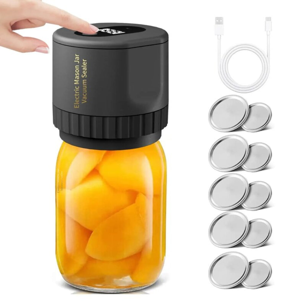 Electric mason jar vacuum sealer with a hand holding it, jar filled with sliced peaches, USB cable, and additional seals on a white background.