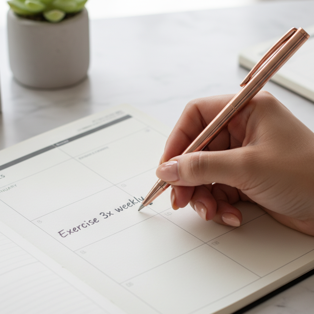 Hand holding a rose gold pen writing on a planner with a plant in the background