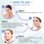 Step-by-step guide on using a facial device with images of a woman applying cream and using the device.