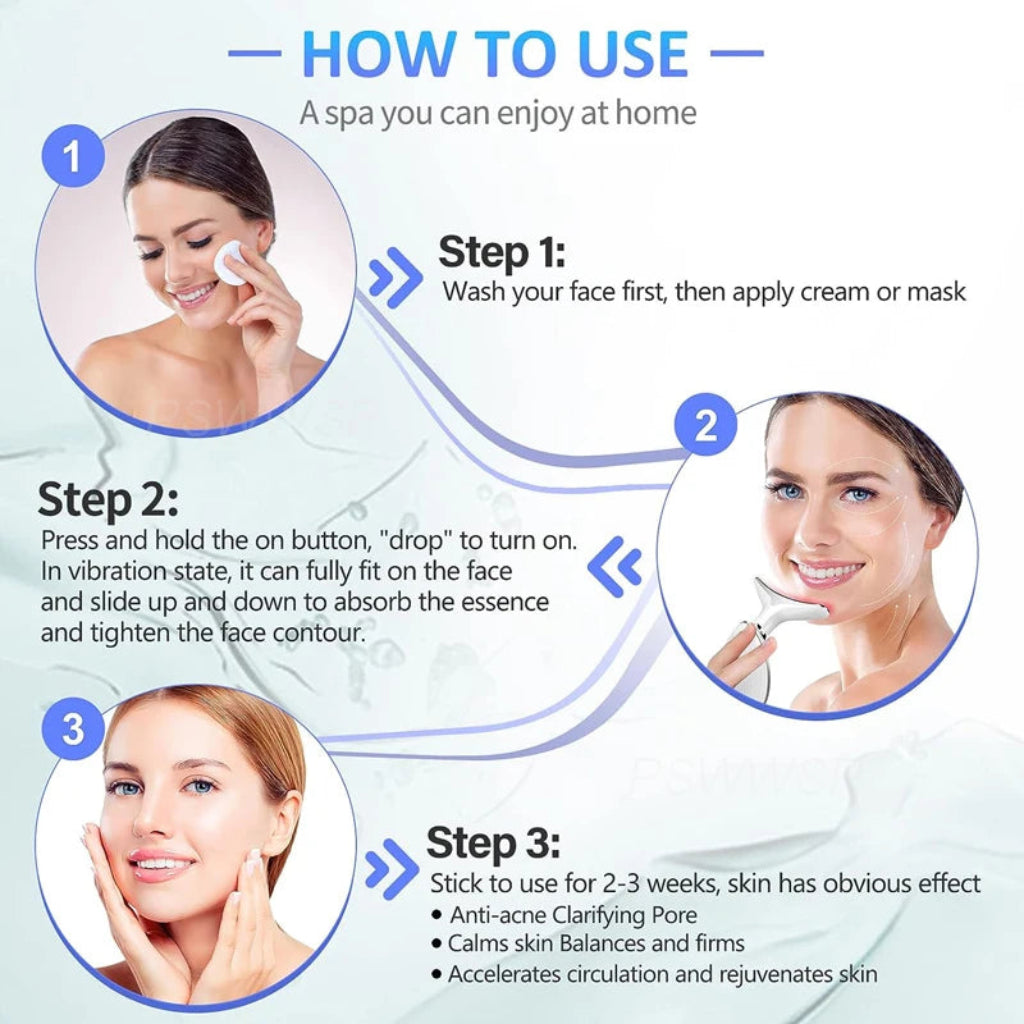 Step-by-step guide on using a facial device with images of a woman applying cream and using the device.