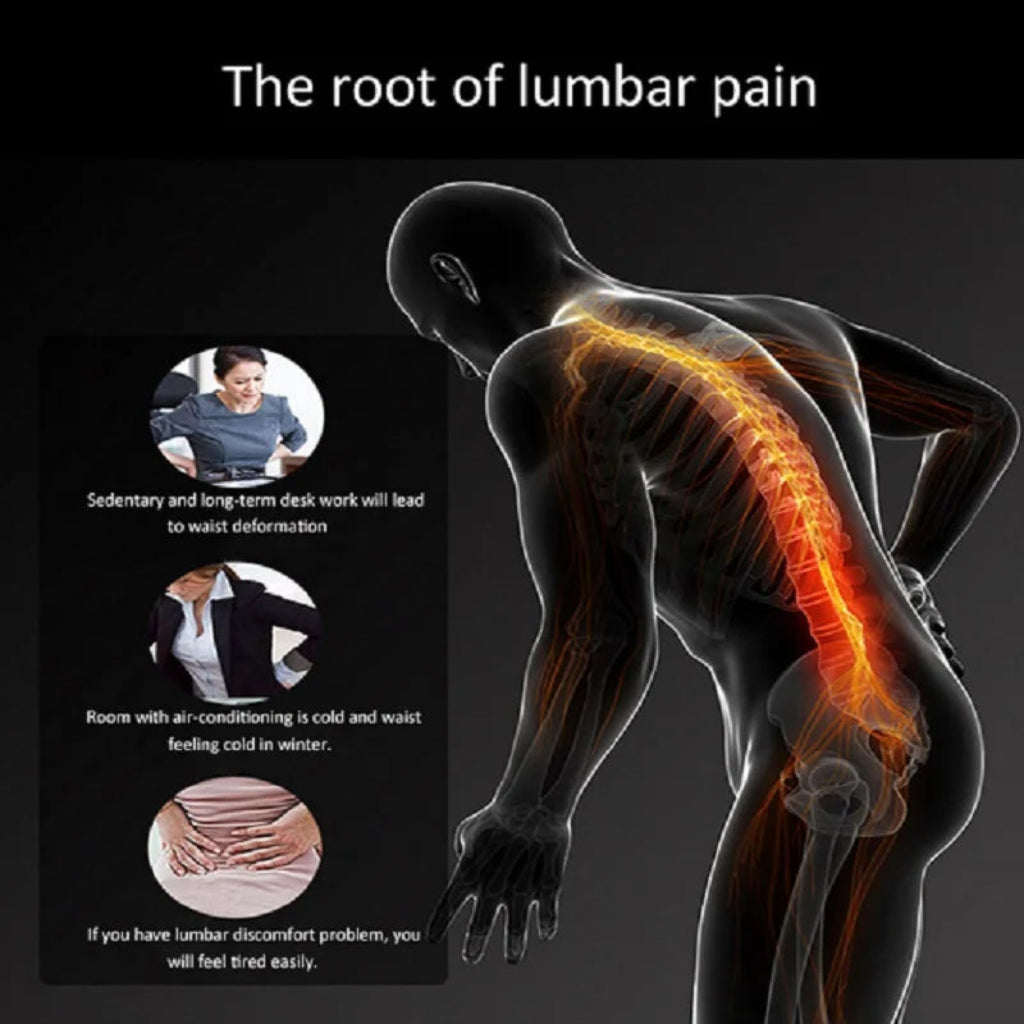 Illustration of a person with a highlighted lumbar spine and text on the causes of lumbar pain.