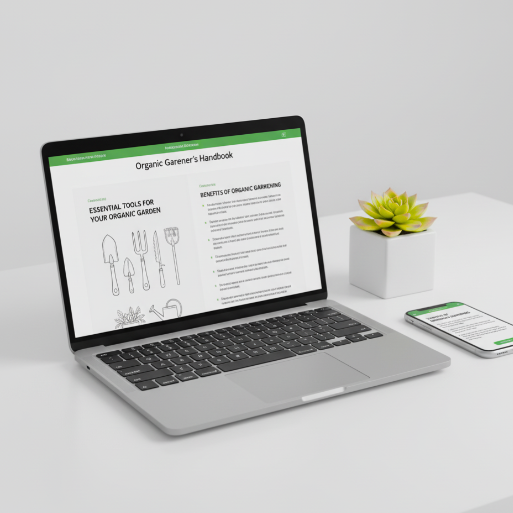 Laptop displaying 'Organic Gardener's Handbook' on a white surface with a smartphone and small plant.