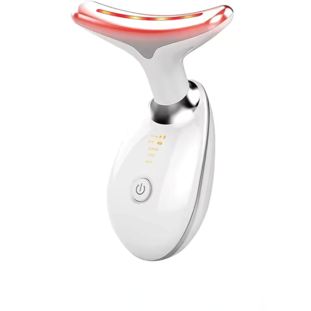 White facial massager with red light on a white background