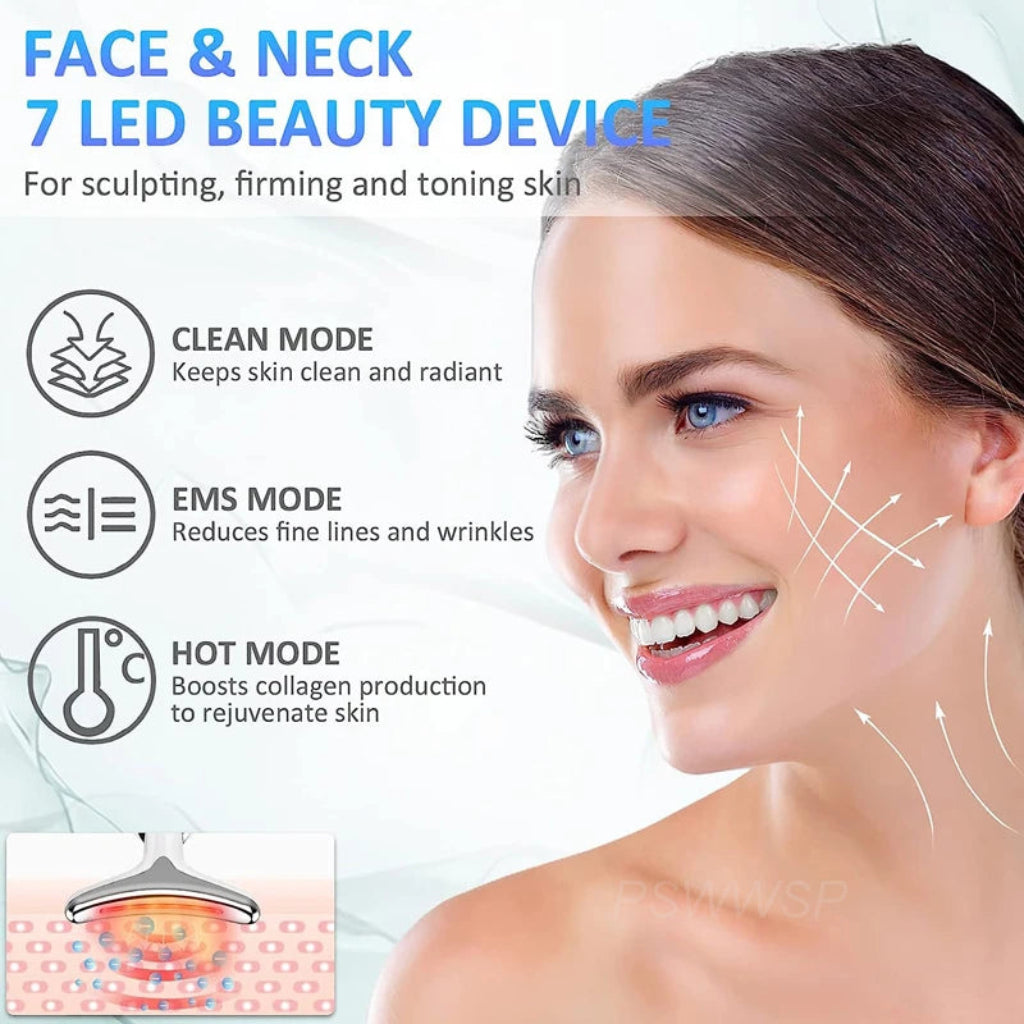 Woman using a 7 LED beauty device for face and neck with mode descriptions.