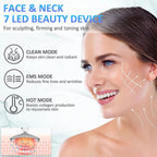 Woman using a 7 LED beauty device for face and neck with mode descriptions.