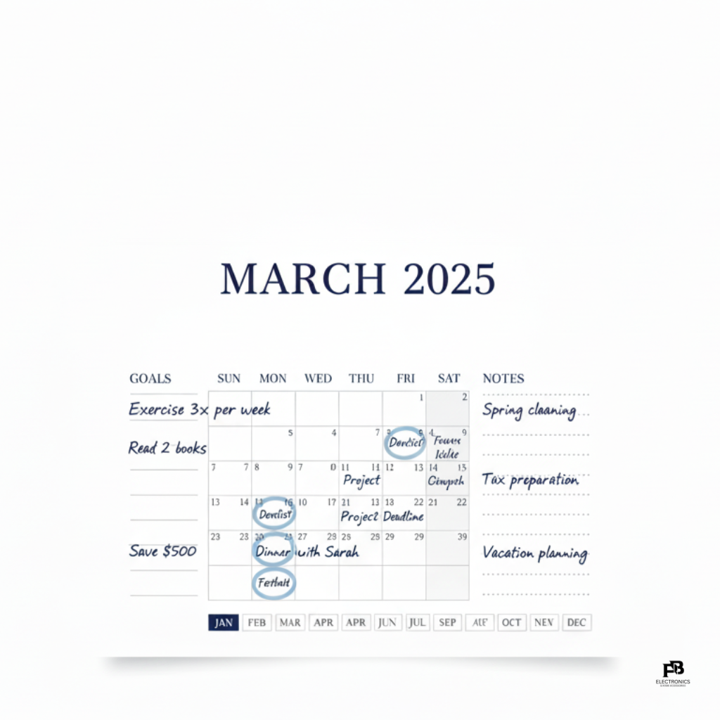 March 2025 calendar with handwritten notes on a white background