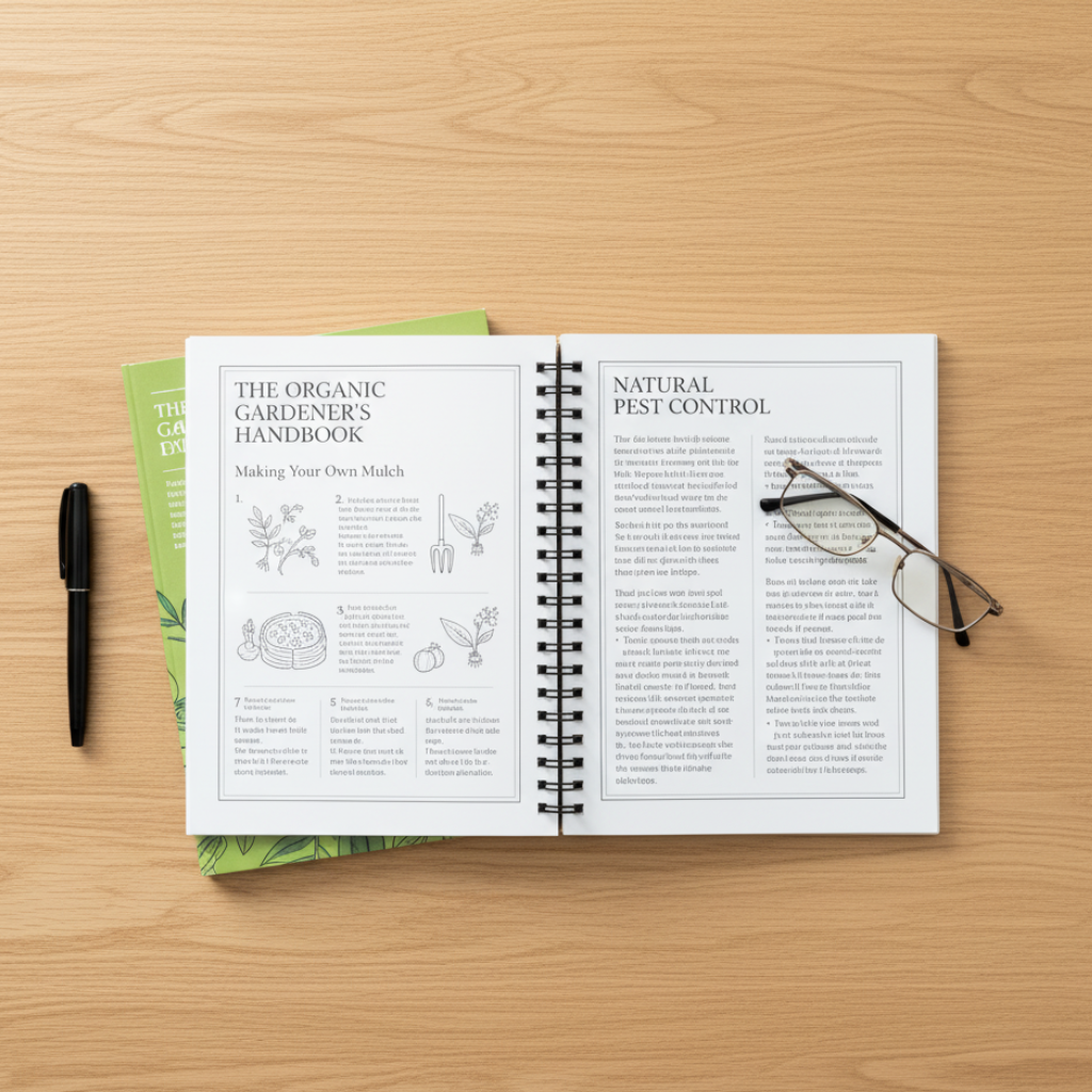 Open book on a wooden surface with a pen and glasses nearby