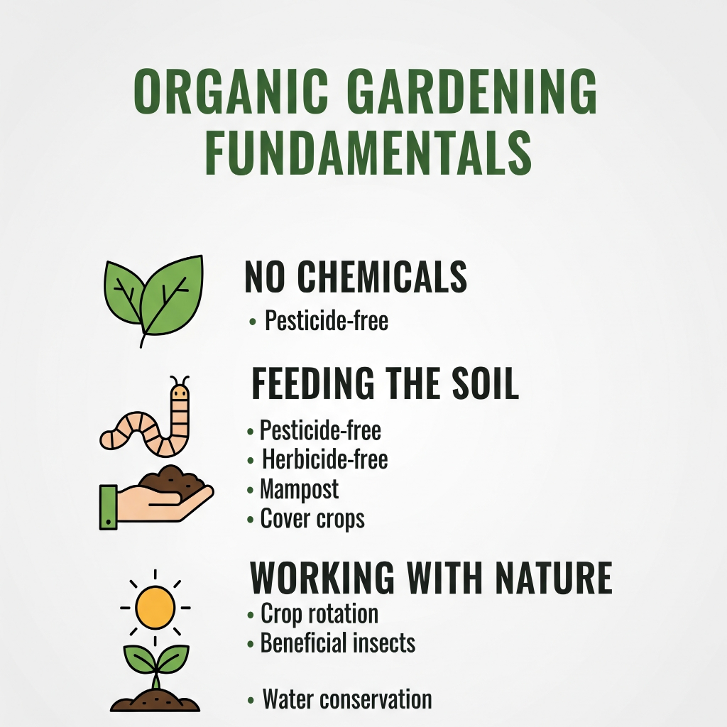 Organic gardening fundamentals with icons and text on a white background