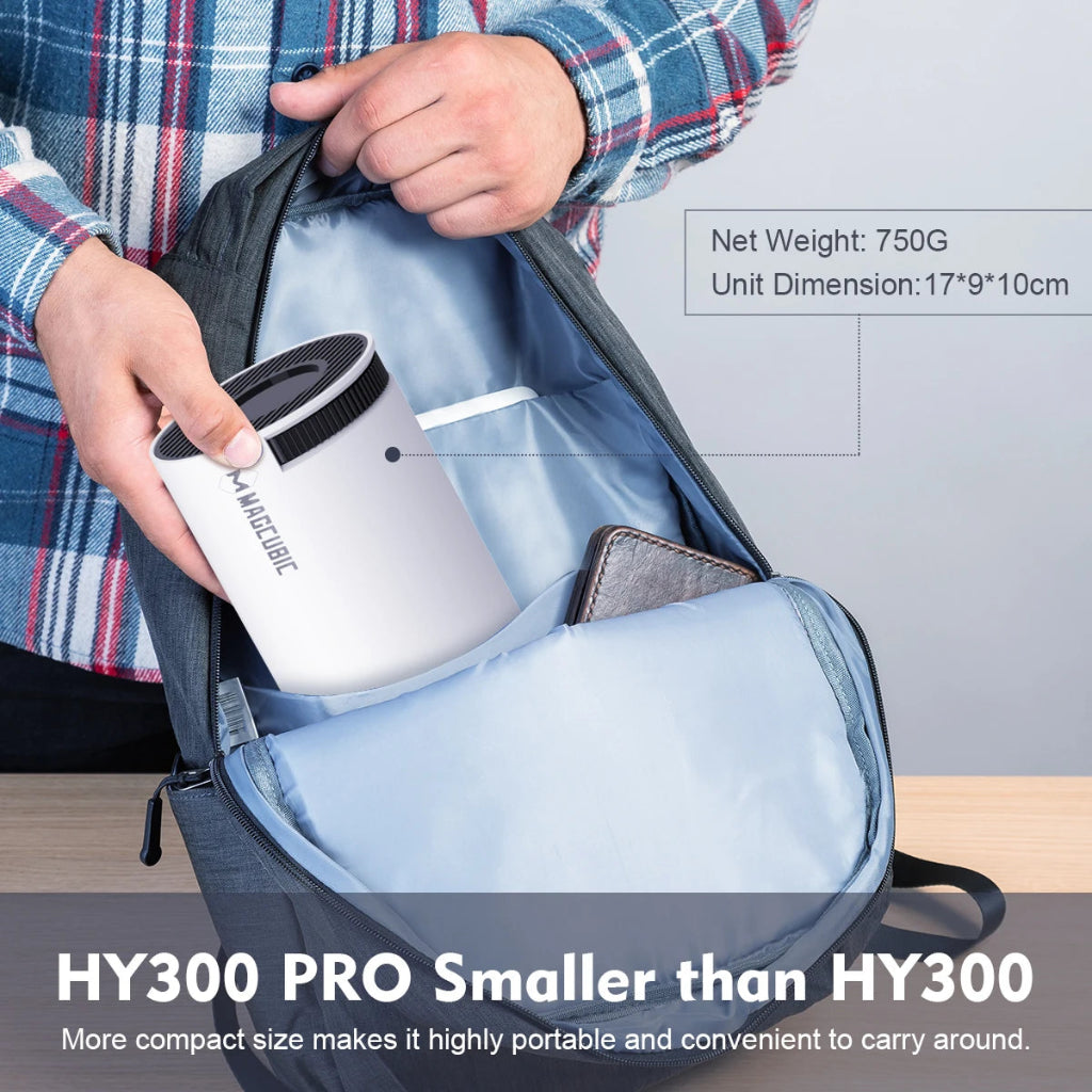 Person holding a white Portable Projector inside a blue backpack, with text about product dimensions and weight.