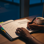 Person writing in a planner with a cup of coffee on a wooden table