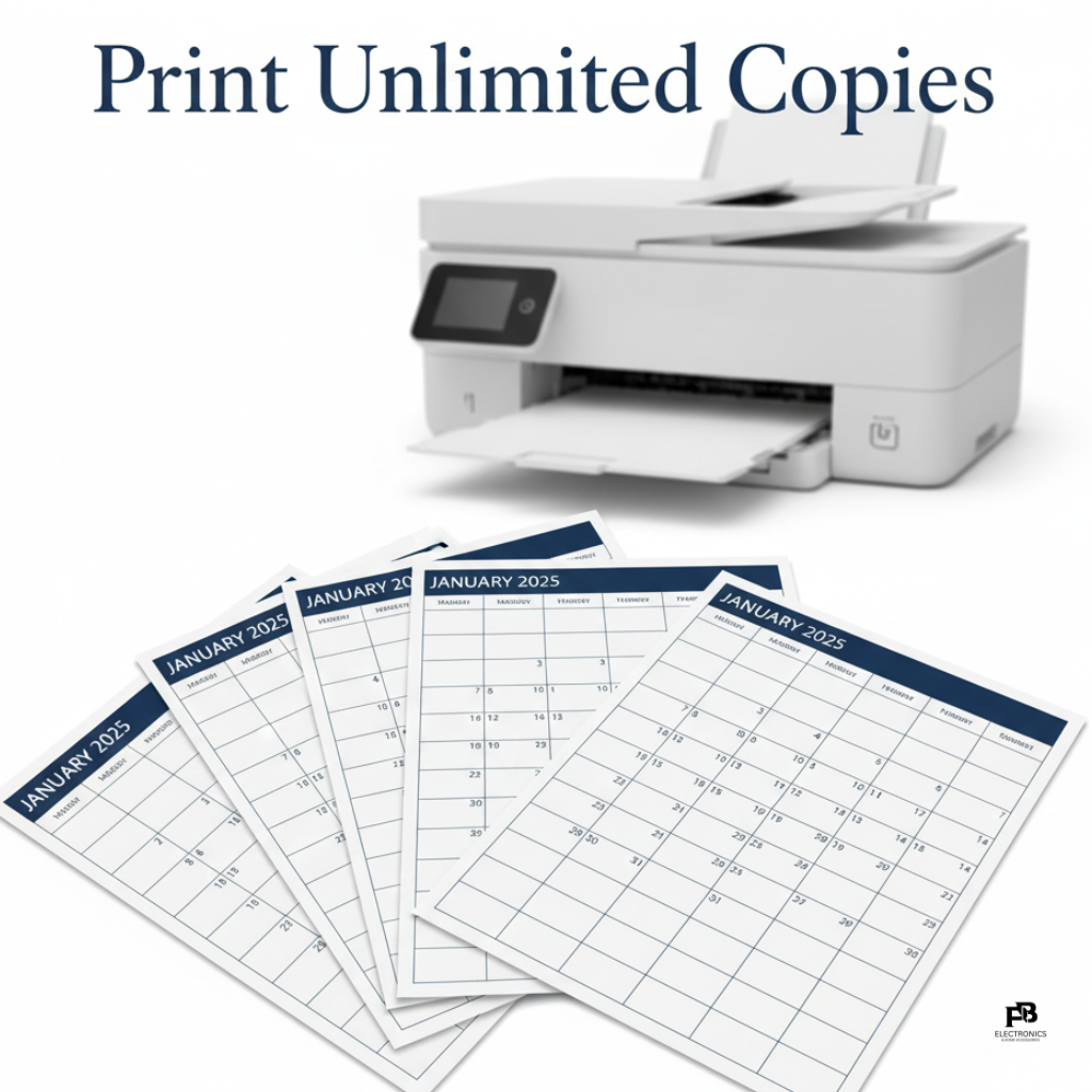 Printer with paper output and January 2025 calendars on a white background