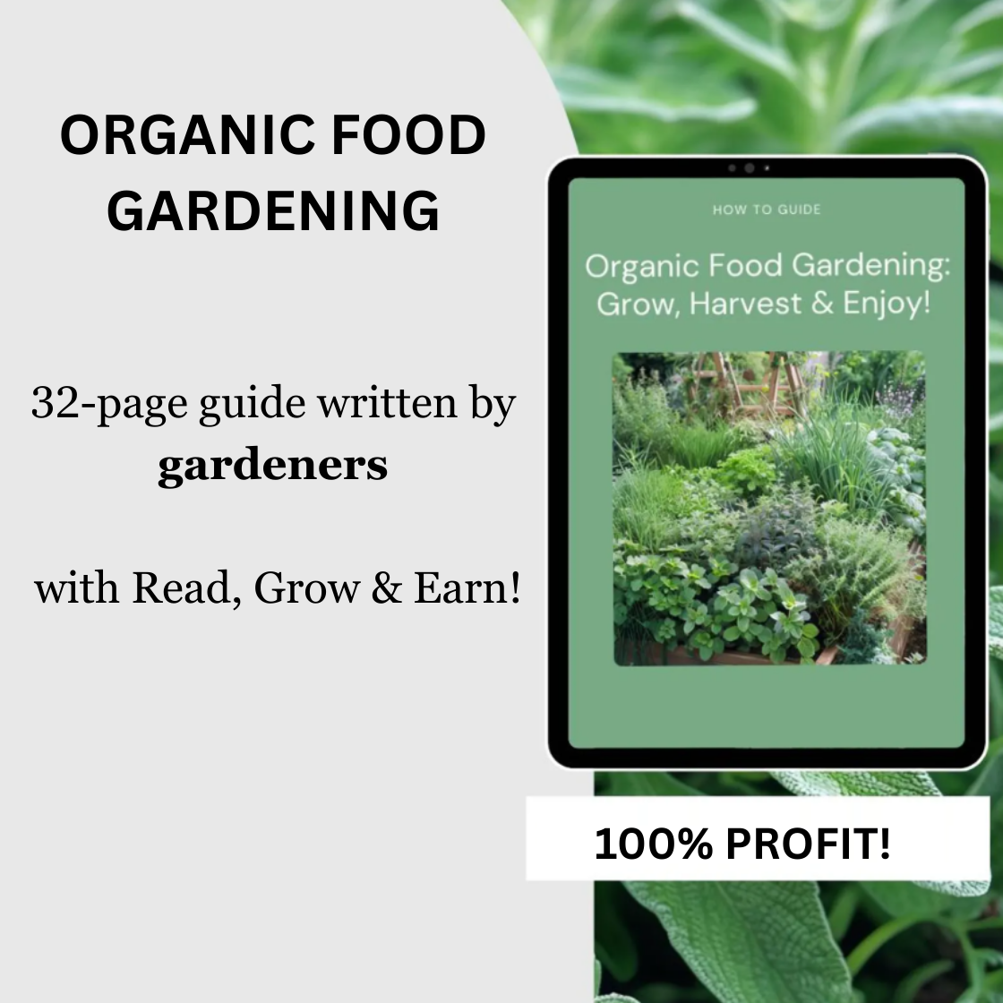 Promotional graphic for an organic food gardening guide with a tablet displaying the guide's cover.