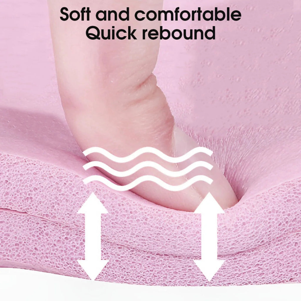 Foot pressing a pink cushion with text 'Soft and comfortable Quick rebound' and wavy lines indicating cushion's properties.