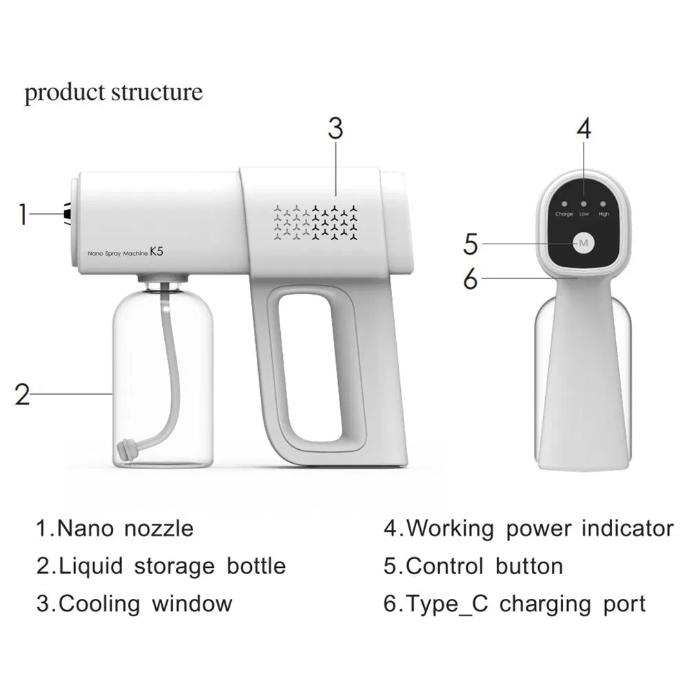 380ML Electric Nano Blue Light Steam Spray K5 Wireless Fogging Disinfection Sprayer Gun Type-C Atomization Sanitizer Machine