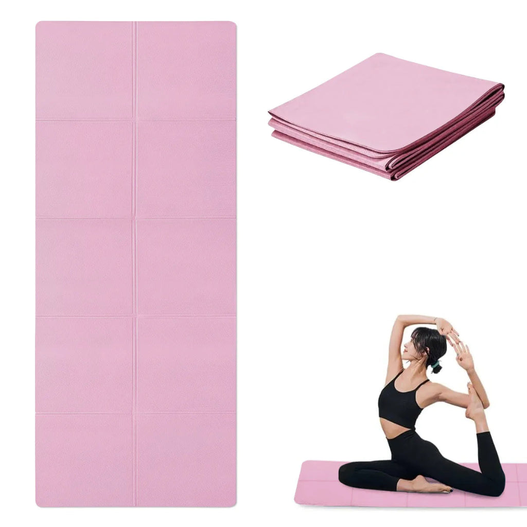 Pink yoga mat shown in unfolded and folded states, with a person practicing yoga on it.