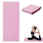 Pink yoga mat shown in unfolded and folded states, with a person practicing yoga on it.