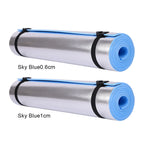 Two rolls of sky blue yoga mats with different thicknesses on a white background.