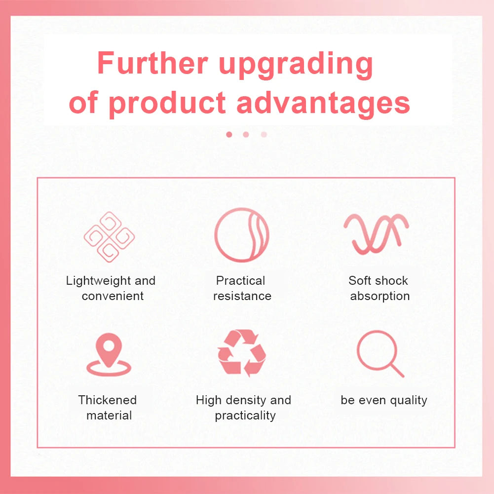 List of product advantages with icons and text on a pink background