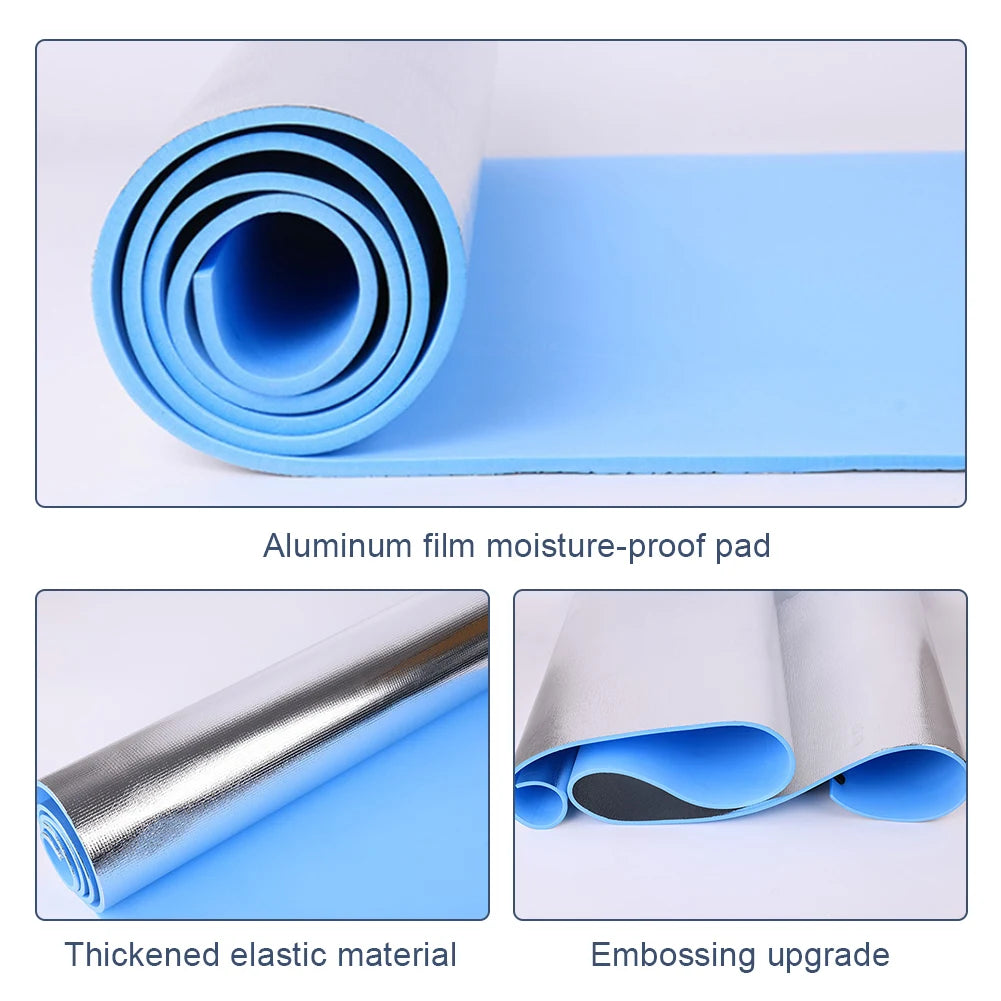 Aluminum film moisture-proof pad with rolled-up and unrolled views on a white background.