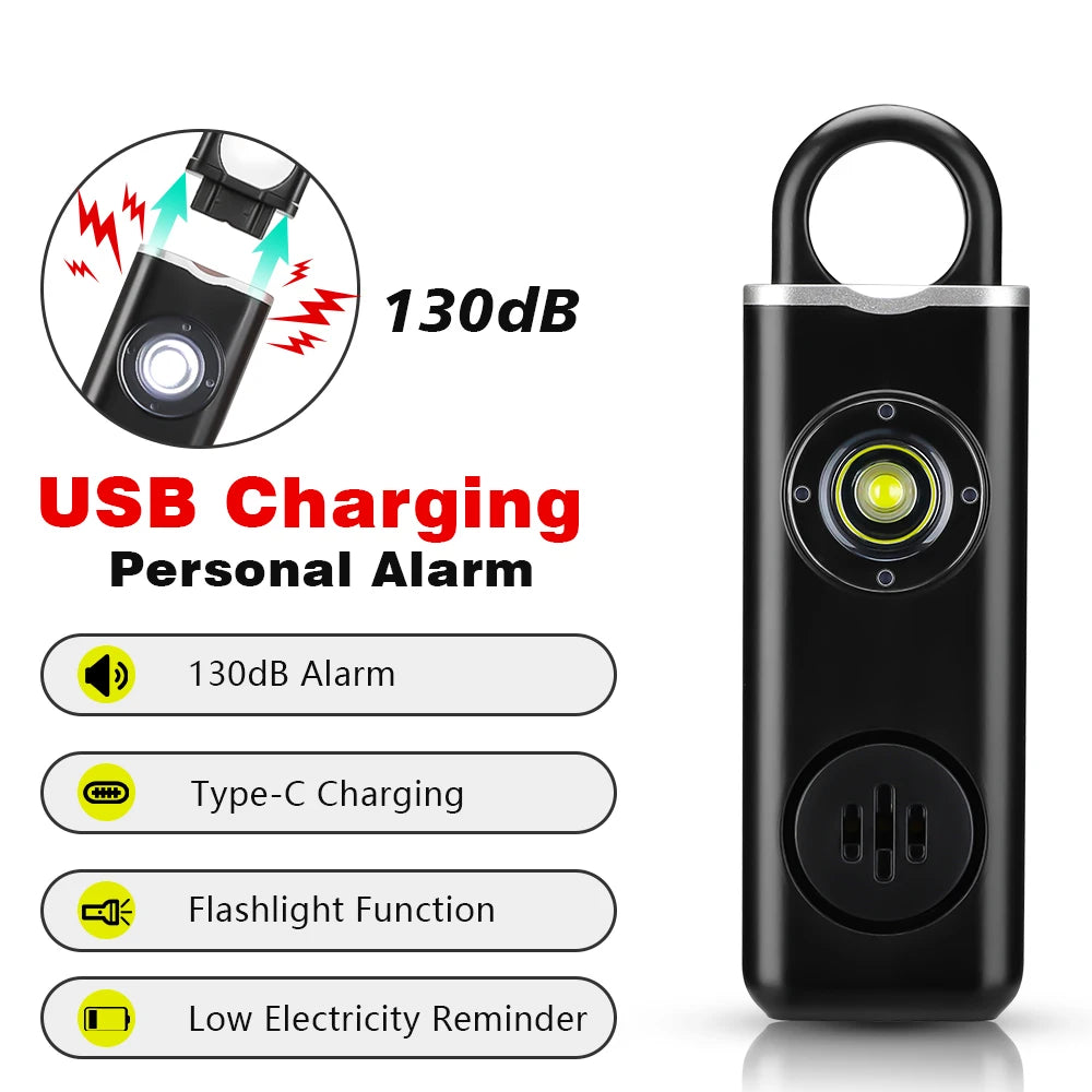 Self Defense Alarm 130dB Anti-wolf Personal Alarm for Woman With LED Light USB-C Charge Emergency Anti-Attack Keychain