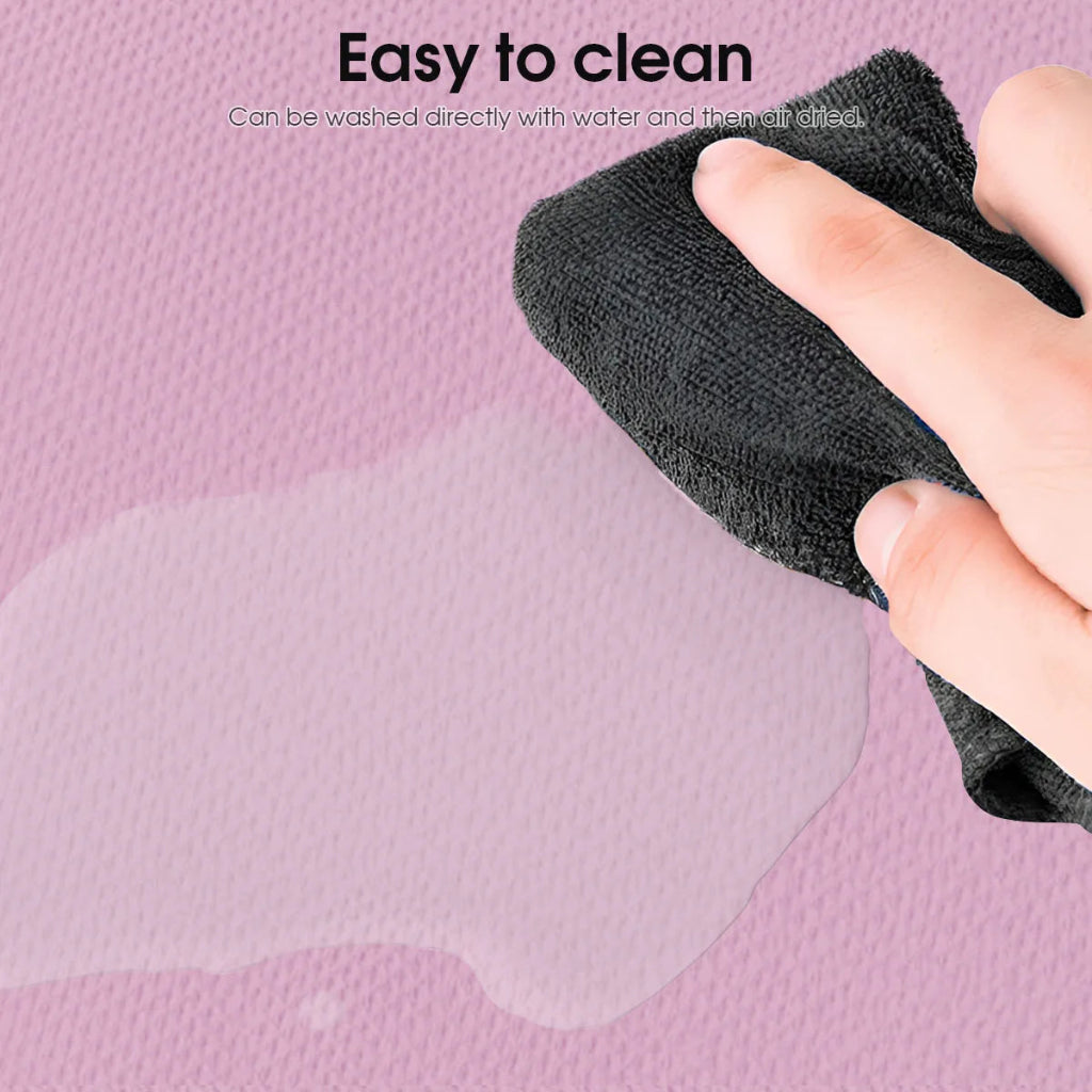 Person cleaning a pink surface with a black cloth, text 'Easy to clean' displayed.