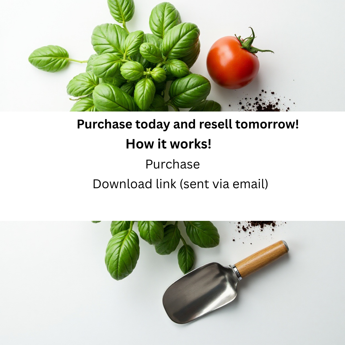 Tomato and basil leaves with gardening tool on a white background, promoting a purchase and resell opportunity.