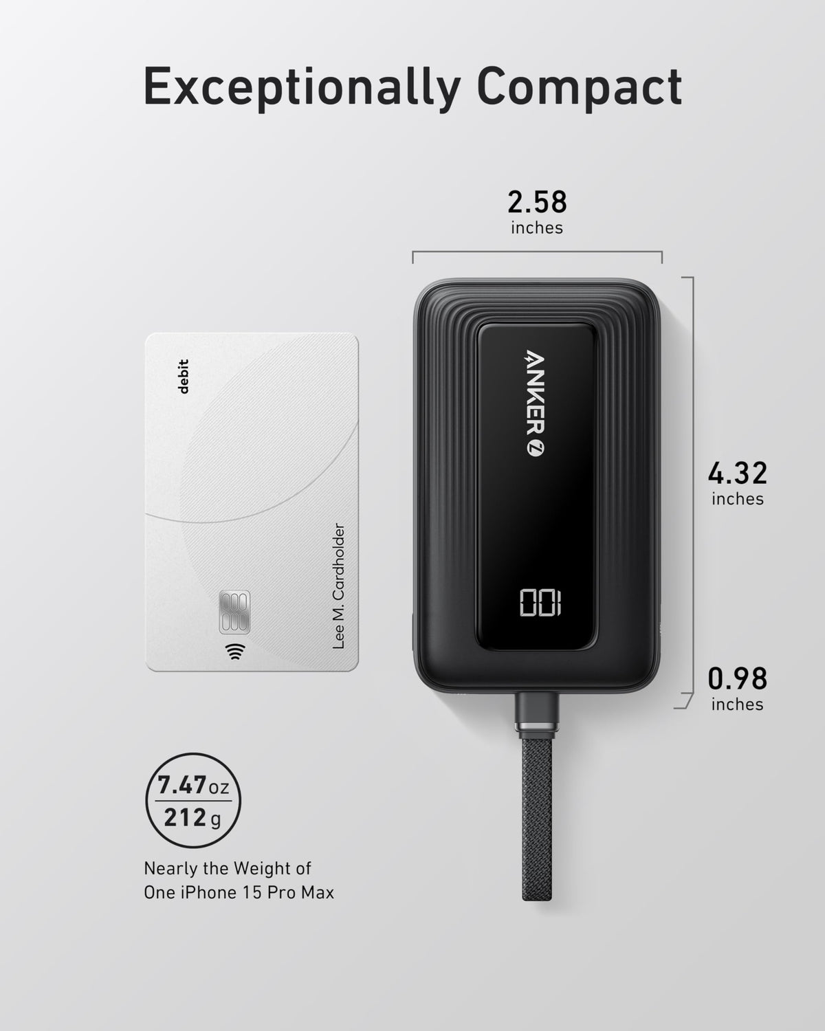 Anker Zolo Power Bank (10K, 30W) with a 5.4-inch (13.7 cm) built-in USB-C cable