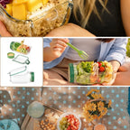 Collage of images including a salad container, a person eating outdoors, and a picnic setup with food and flowers.