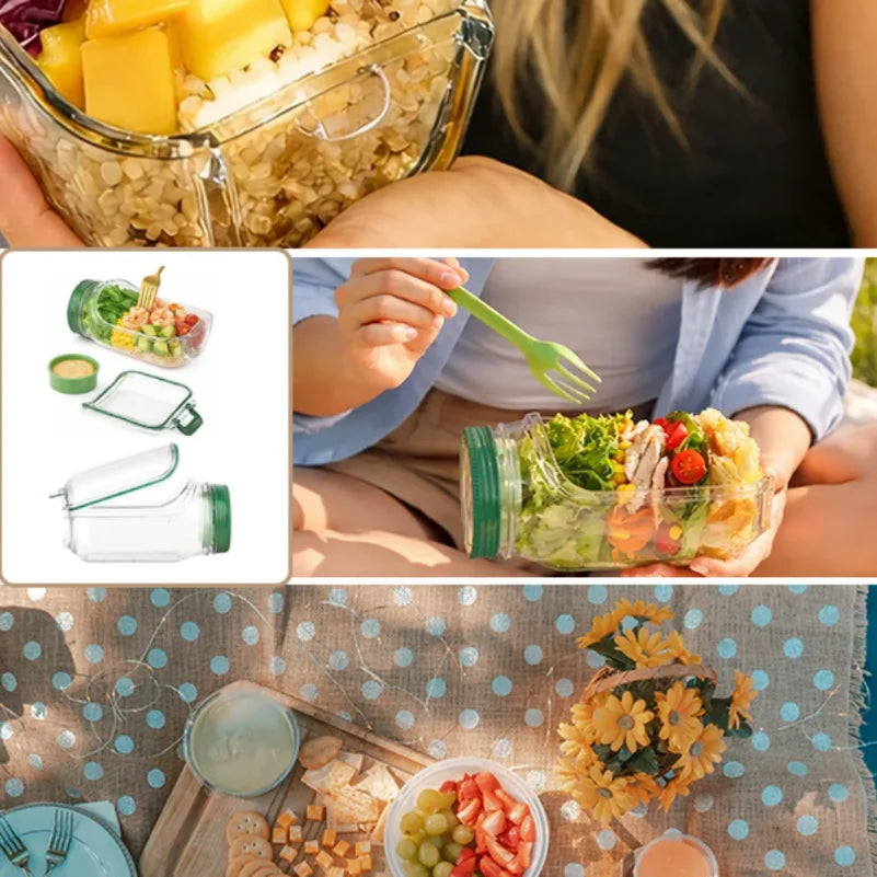 Collage of images including a salad container, a person eating outdoors, and a picnic setup with food and flowers.