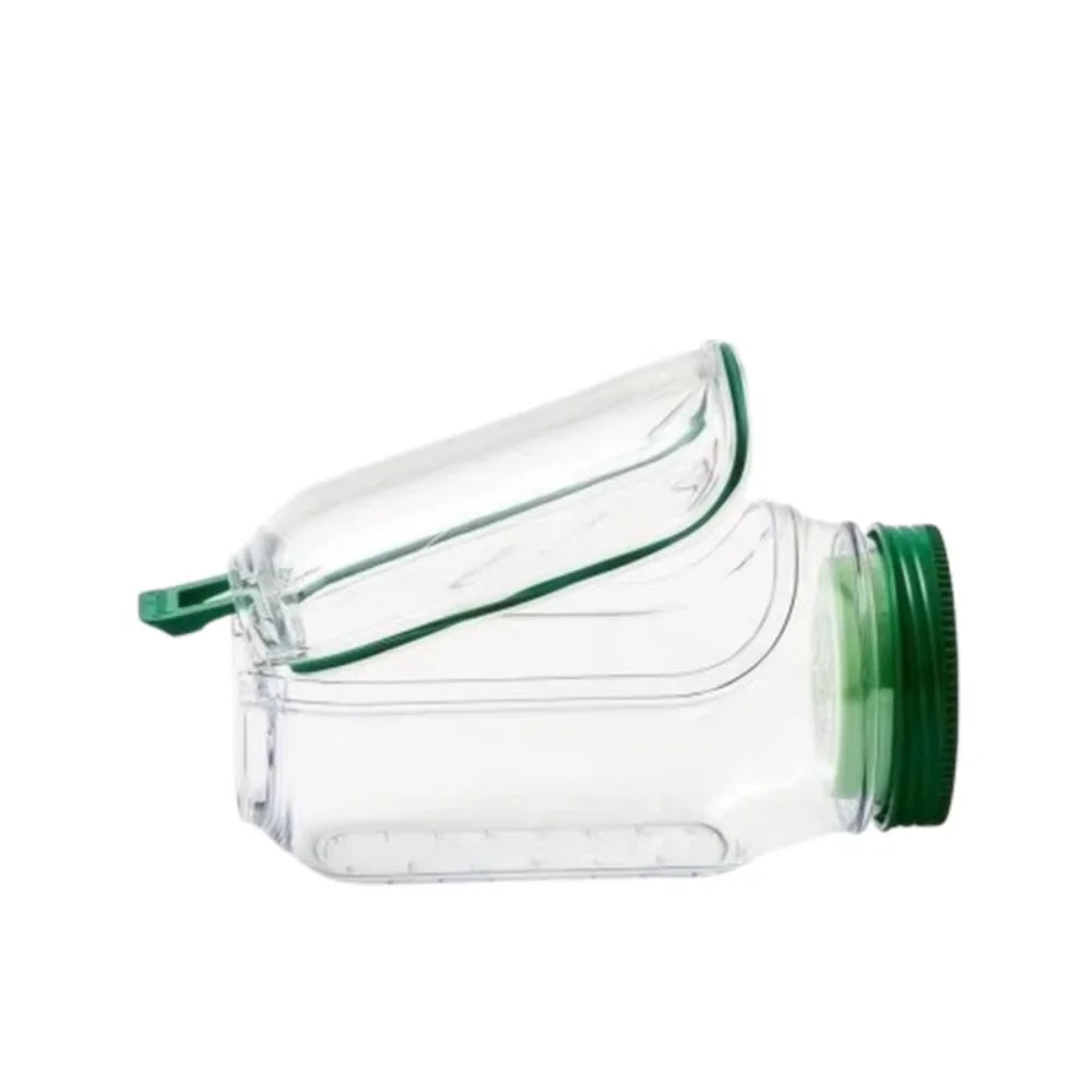 Clear plastic jar with green lid on a white background