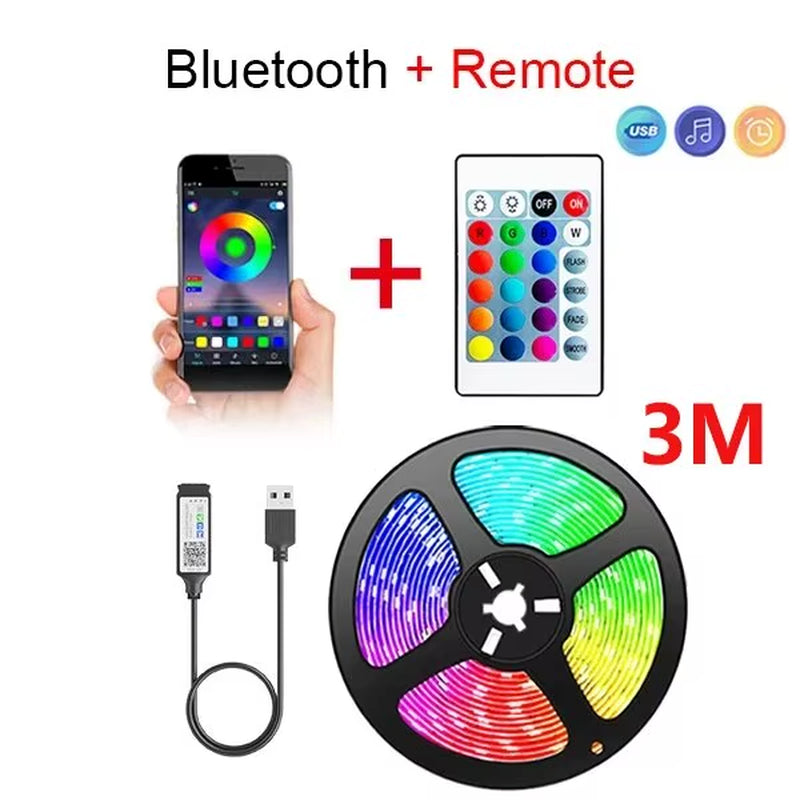 LED strip light set with Bluetooth remote, smartphone app, and 3-meter length on a white background.