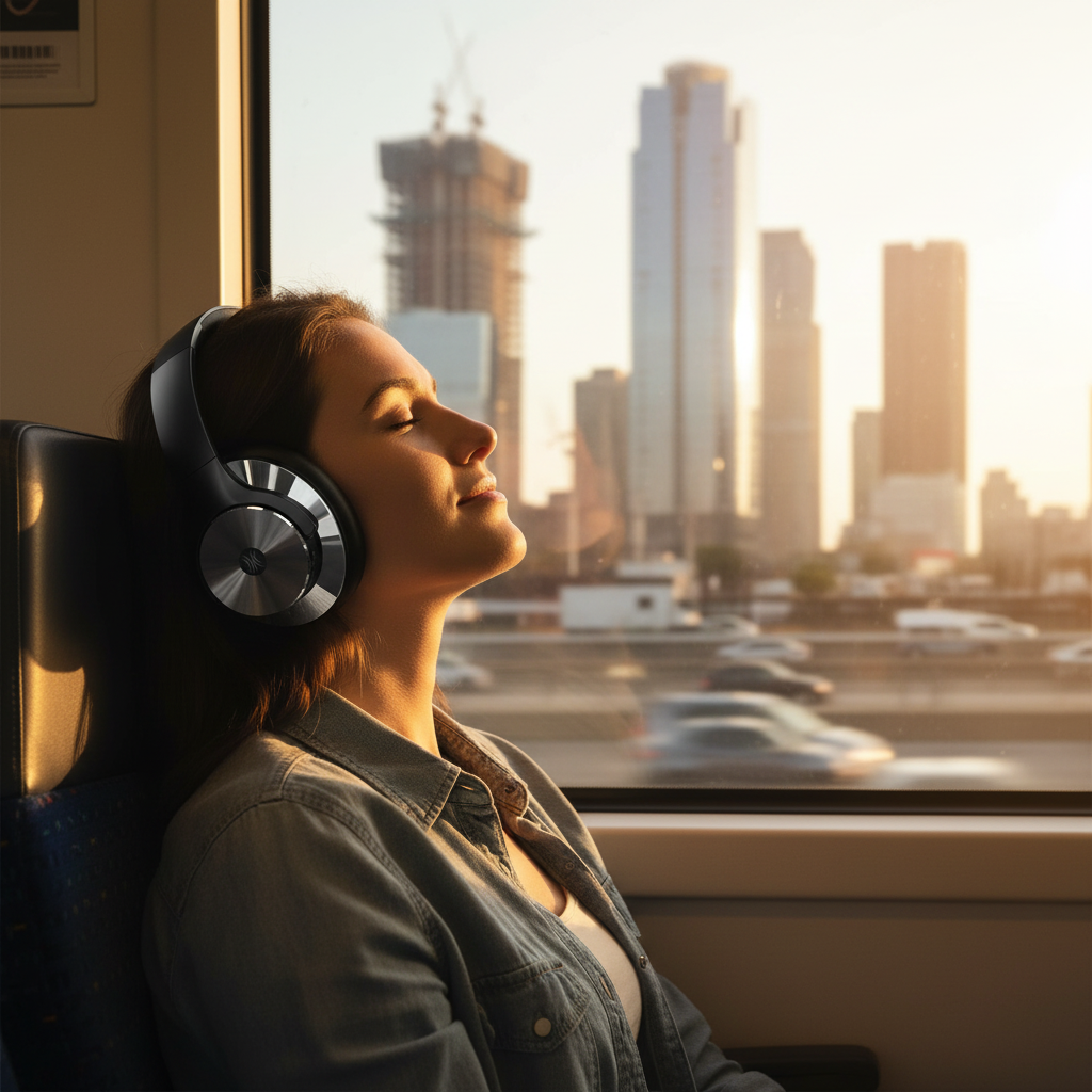 ANC headphones worn on commuter train