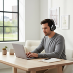 ANC headphones worn while working at desk