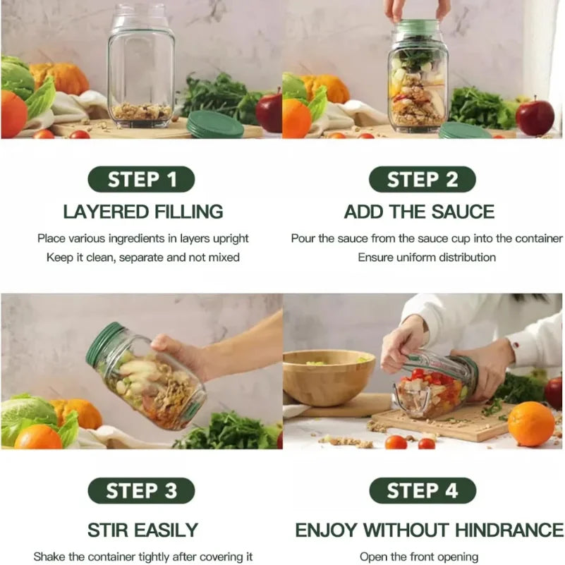 Instructions for using a layered filling container with ingredients and steps displayed.