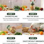 Instructions for using a layered filling container with ingredients and steps displayed.