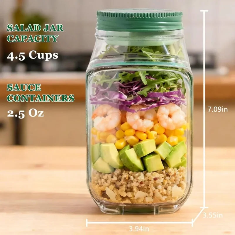 Glass salad jar with salad ingredients and measurements on a wooden surface