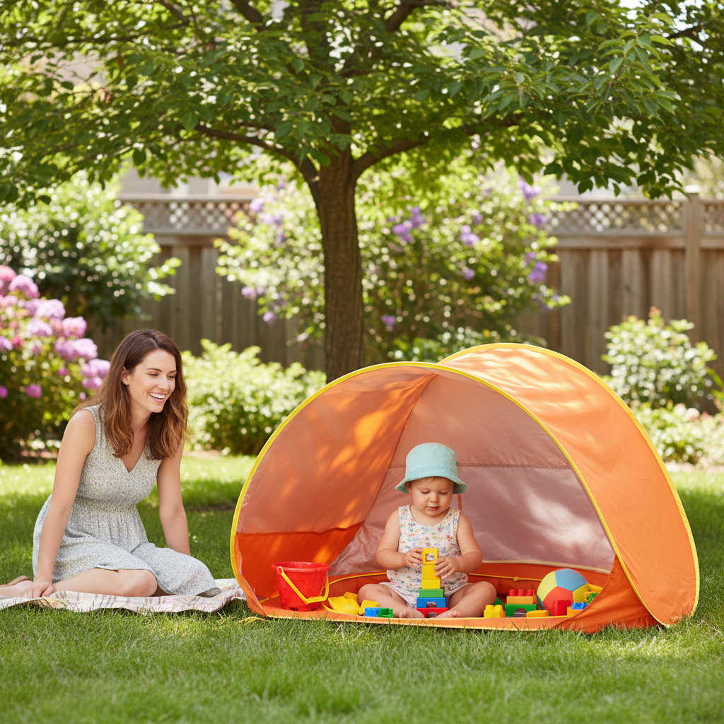 Baby beach tent set up in sunny backyard