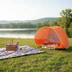 Baby napping in beach tent at lakeside picnic